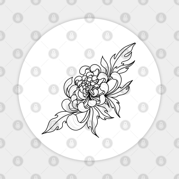 Peony Flower Black Line Art Magnet by Print Art Station